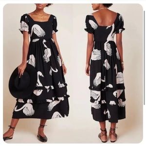 Anthropologie THE ODELLS Size XS Women’s Swans Print Maxi Dress Black & Ivory